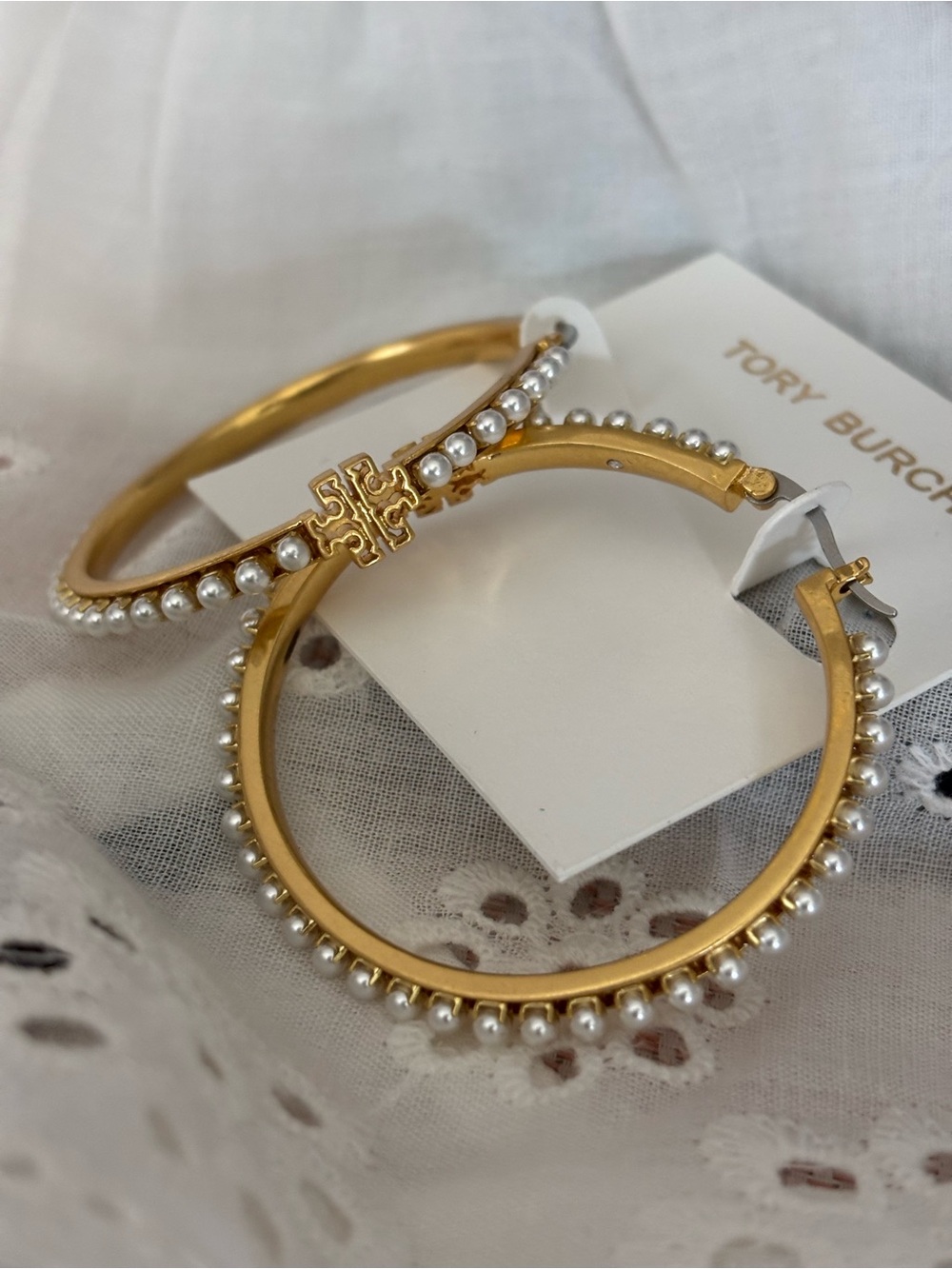 Tory Burch Gold Hoop Earrings with Pearls